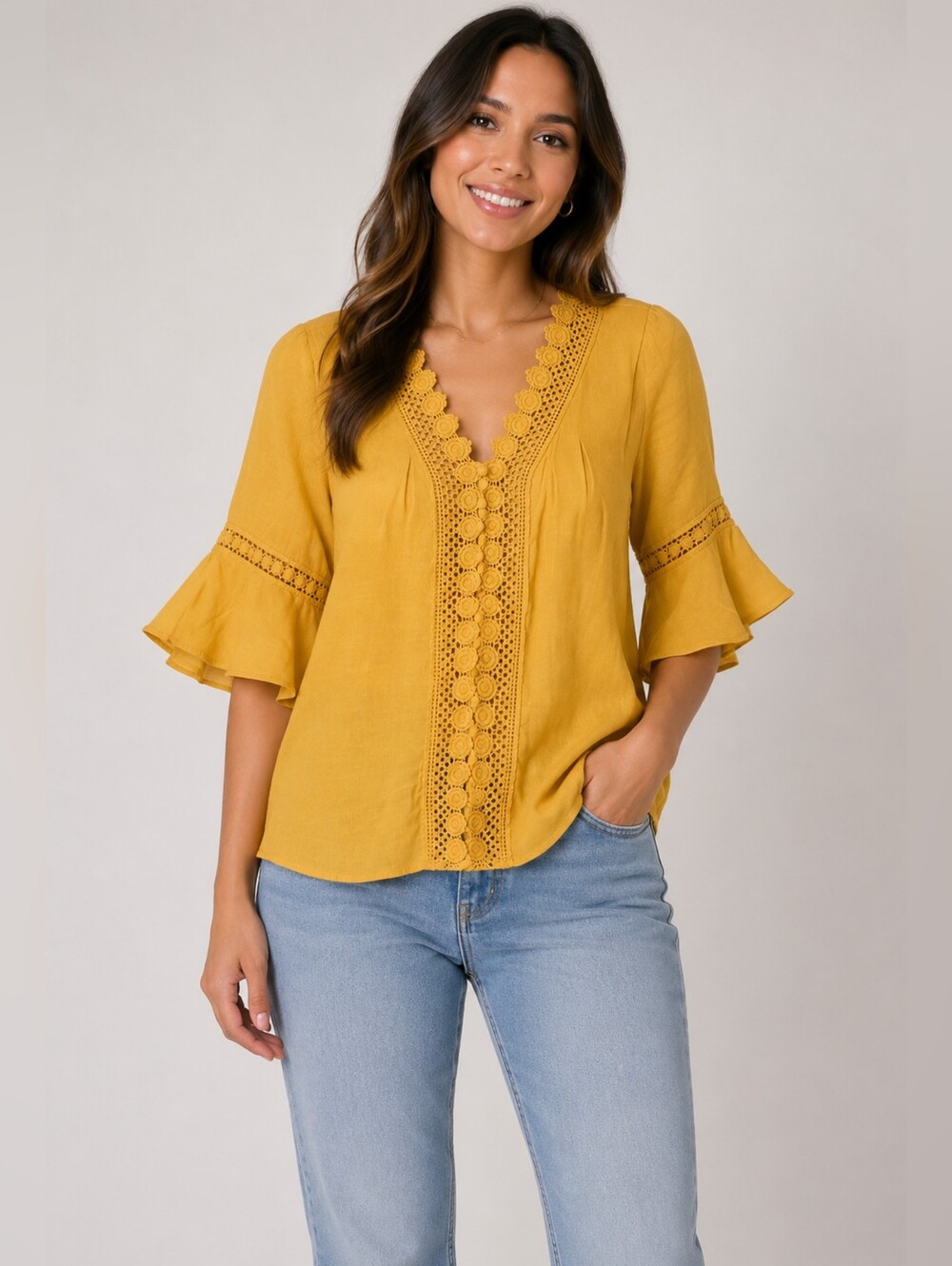 Mine Yellow 3/4 Sleeve Ruffled Blouse